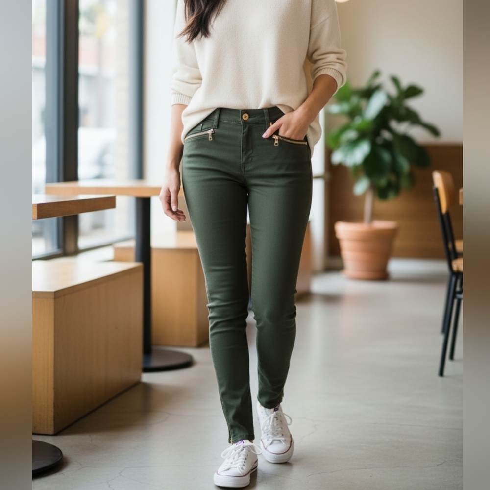 LOFT Size 00/24 Olive Skinny Pants with Gold Button Zipper  Detail